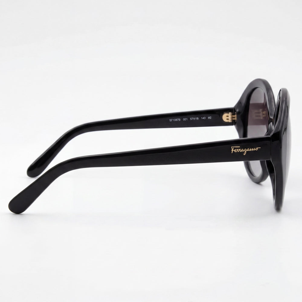 Salvatore Ferragamo Classic Women's Black Gold-logo Plastic Grey Gradient 100% UV Round Sunglasses 57mm