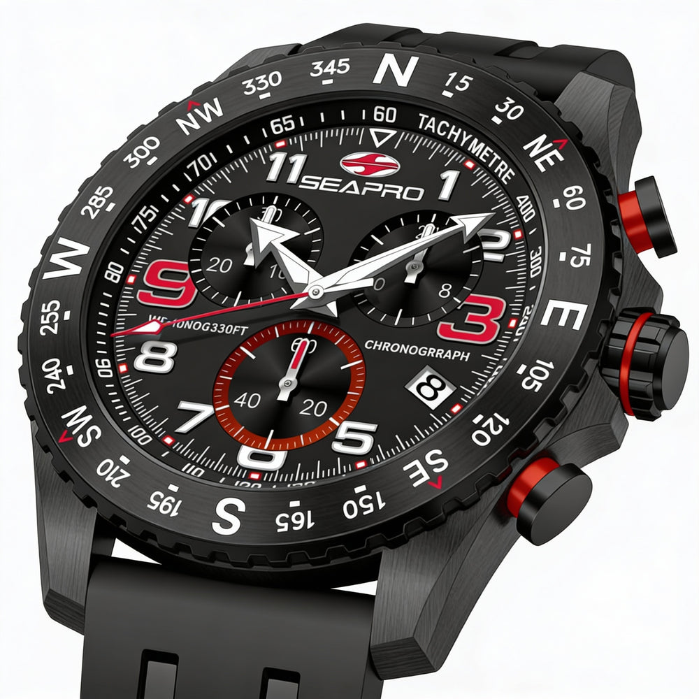 Reloj cronógrafo de cuarzo Seapro para hombre, caja de acero inoxidable negra, esfera negra, correa de caucho, resistente al agua hasta 100 m.