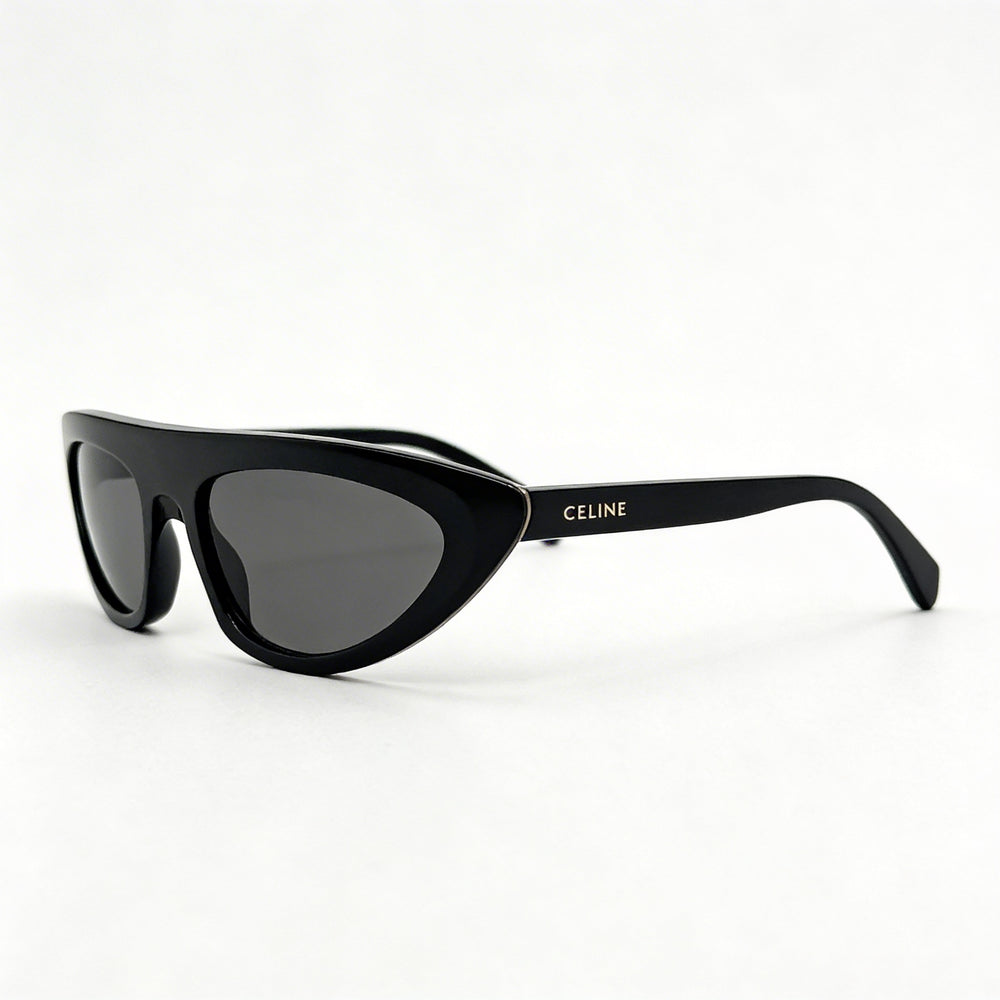 Celine CL40261I - Montura unisex de acetato negro brillante con forma irregular y lentes de poliamida azul, ajuste de puente alto