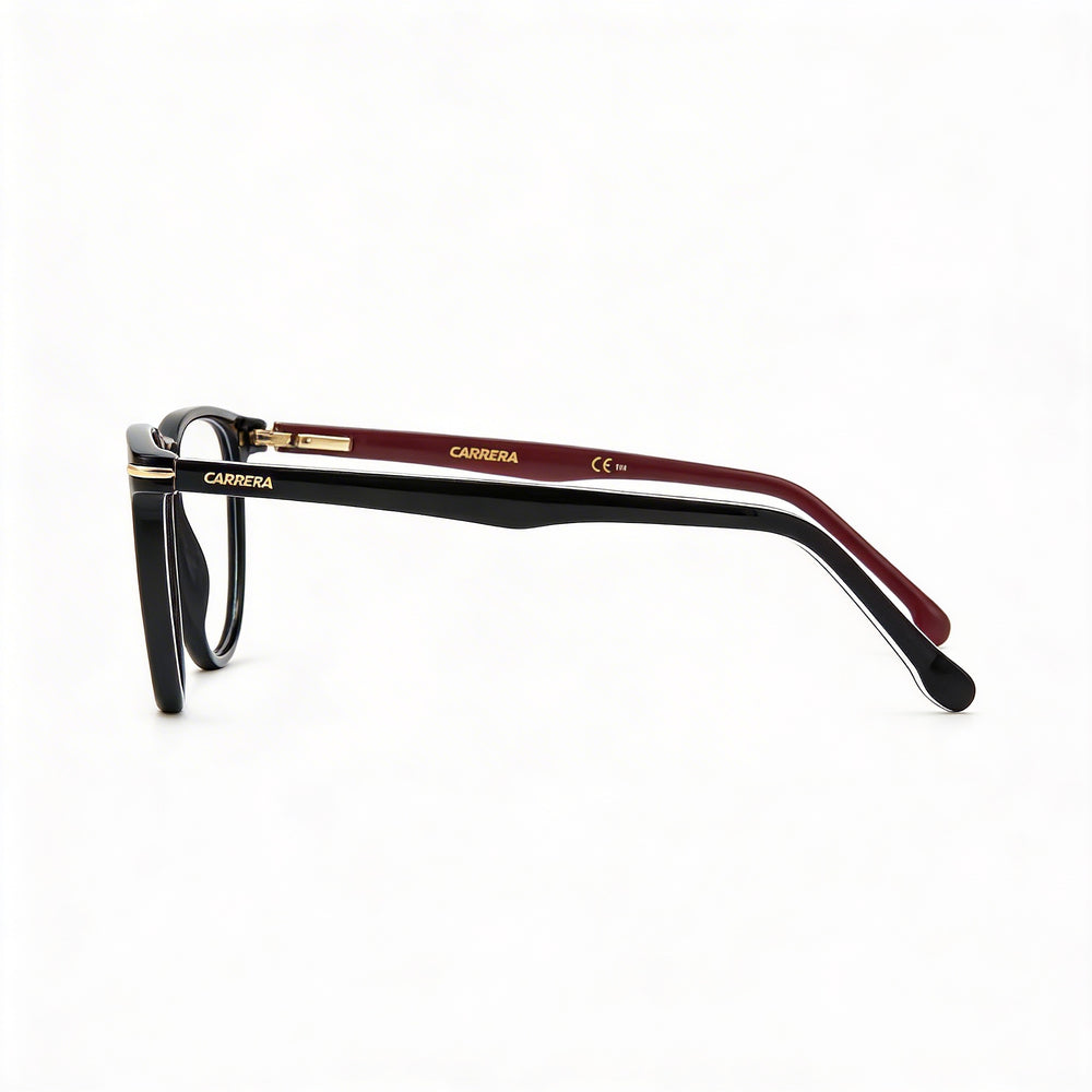 Montura de gafas Carrera 308 unisex fabricada en plástico con franjas negras, con lentes no polarizadas y un ancho de lente de 53 mm