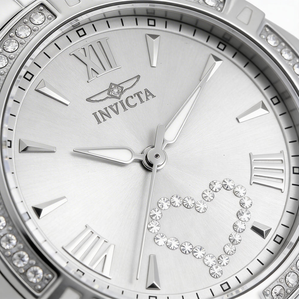 Pulsera Invicta Angel 21383 de cuarzo con bisel de cristal y acero inoxidable plateado para mujer, resistente al agua hasta 100 m, 35 mm
