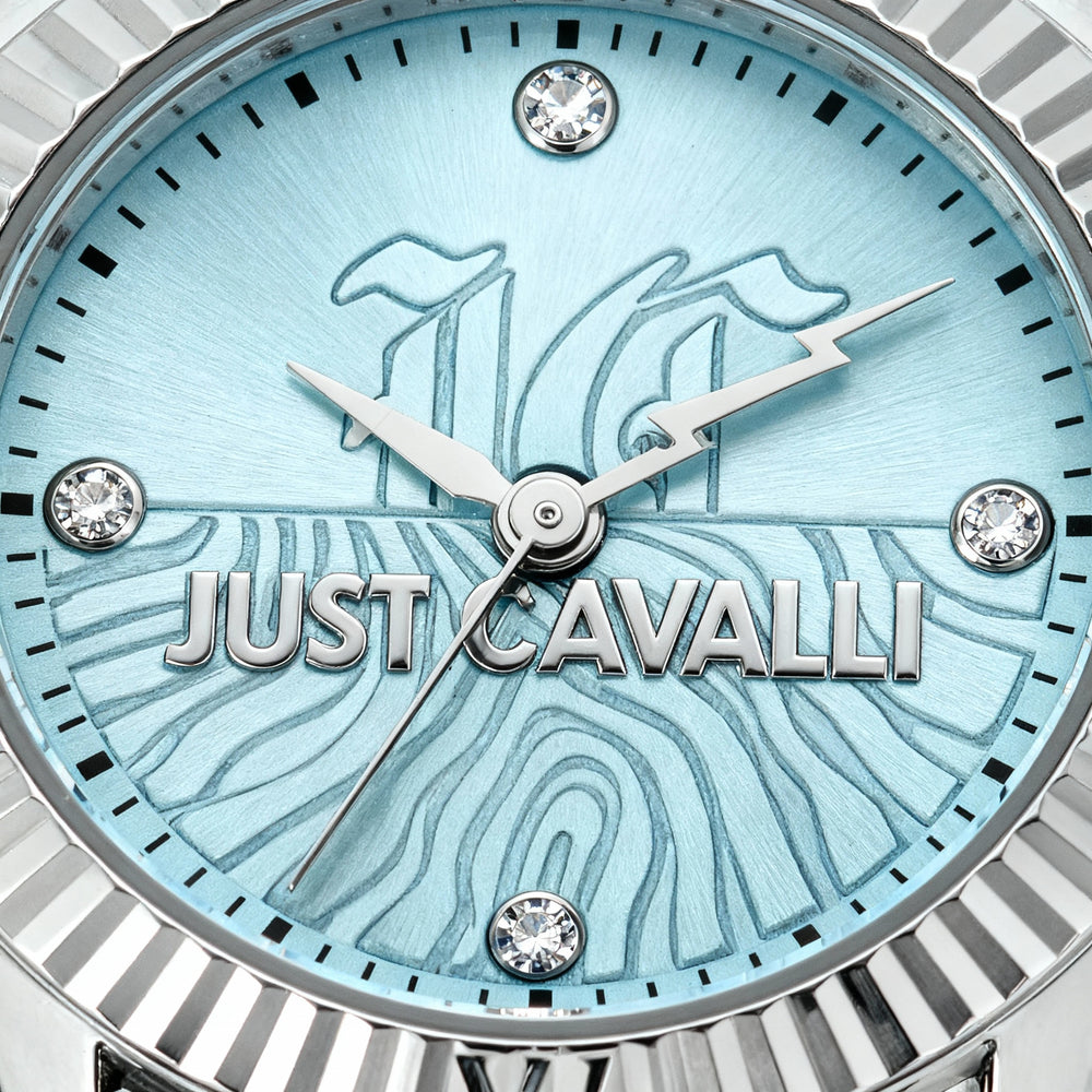 Reloj de moda Just Cavalli para mujer, caja y correa de acero inoxidable plateadas, esfera turquesa, movimiento de cuarzo, 26 mm