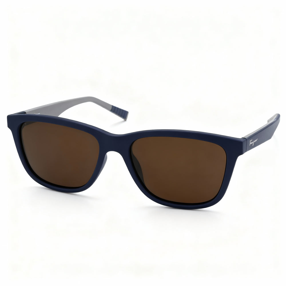 Gafas de sol unisex Salvatore Ferragamo SF998S de acetato rectangular modificado, 57 mm, montura azul mate y lentes marrones