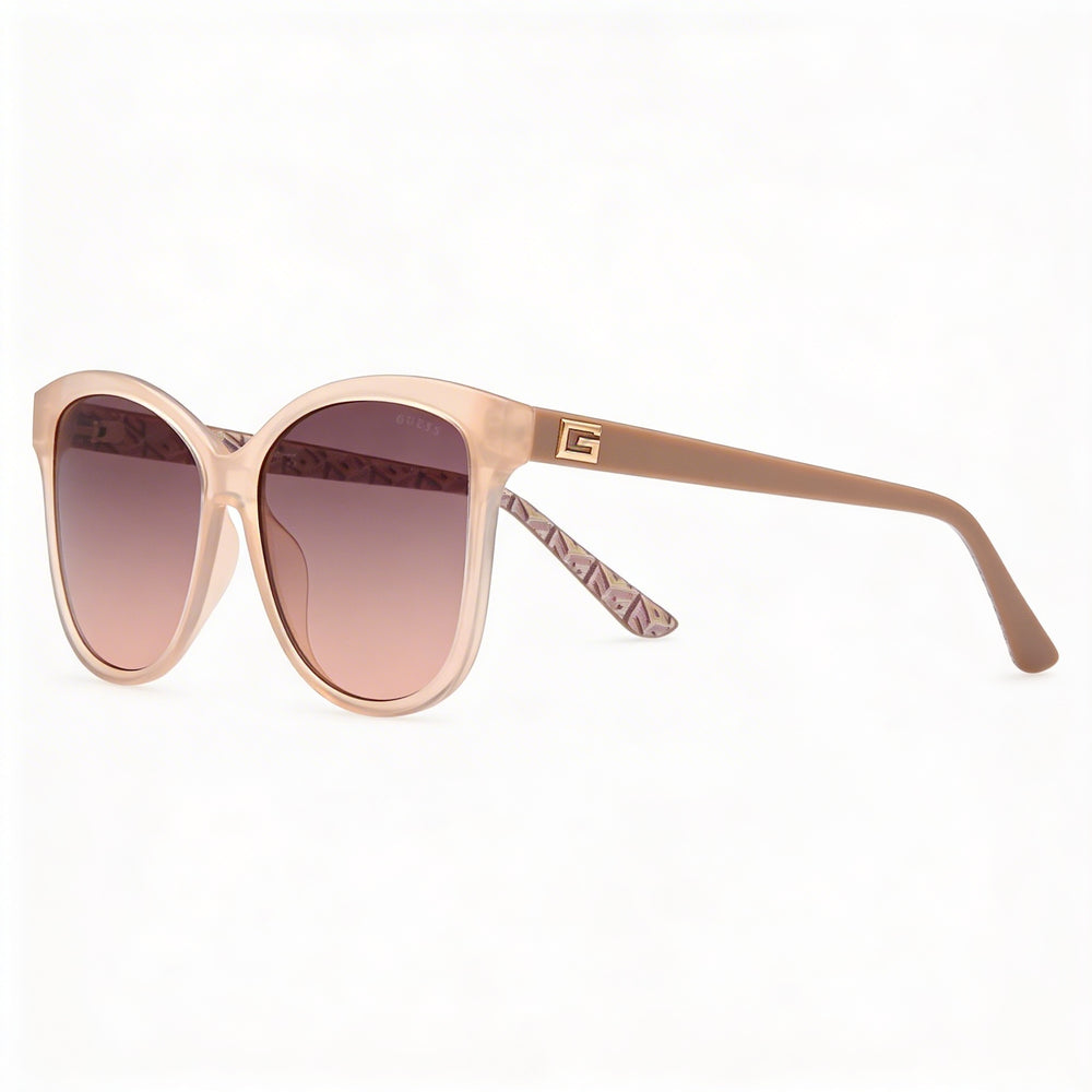GUESS Women's Round Full Rim Plastic UV Protective Non-Polarized Sunglasses, Beige Frame, Gradient Brown Lens, 58mm