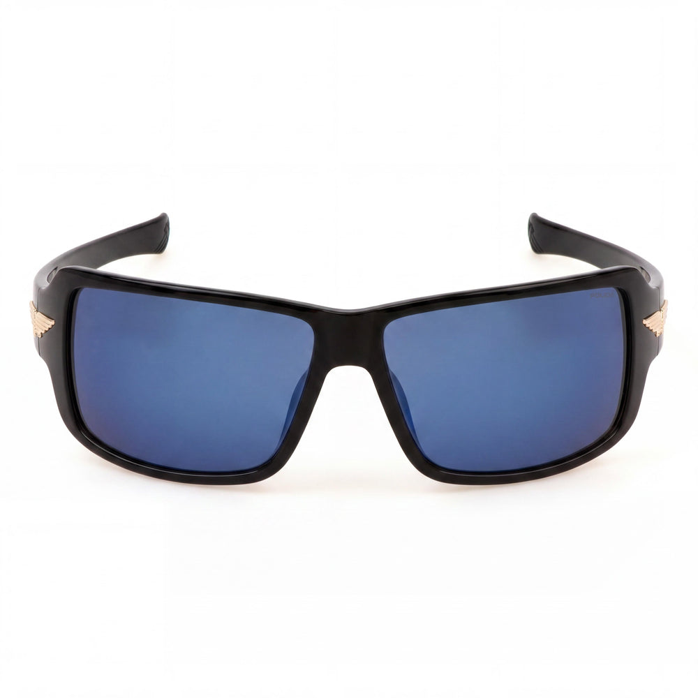 Gafas de sol Police Casual para hombre, sin polarizar, en negro brillante, con lentes azul ahumado espejado, 65 mm