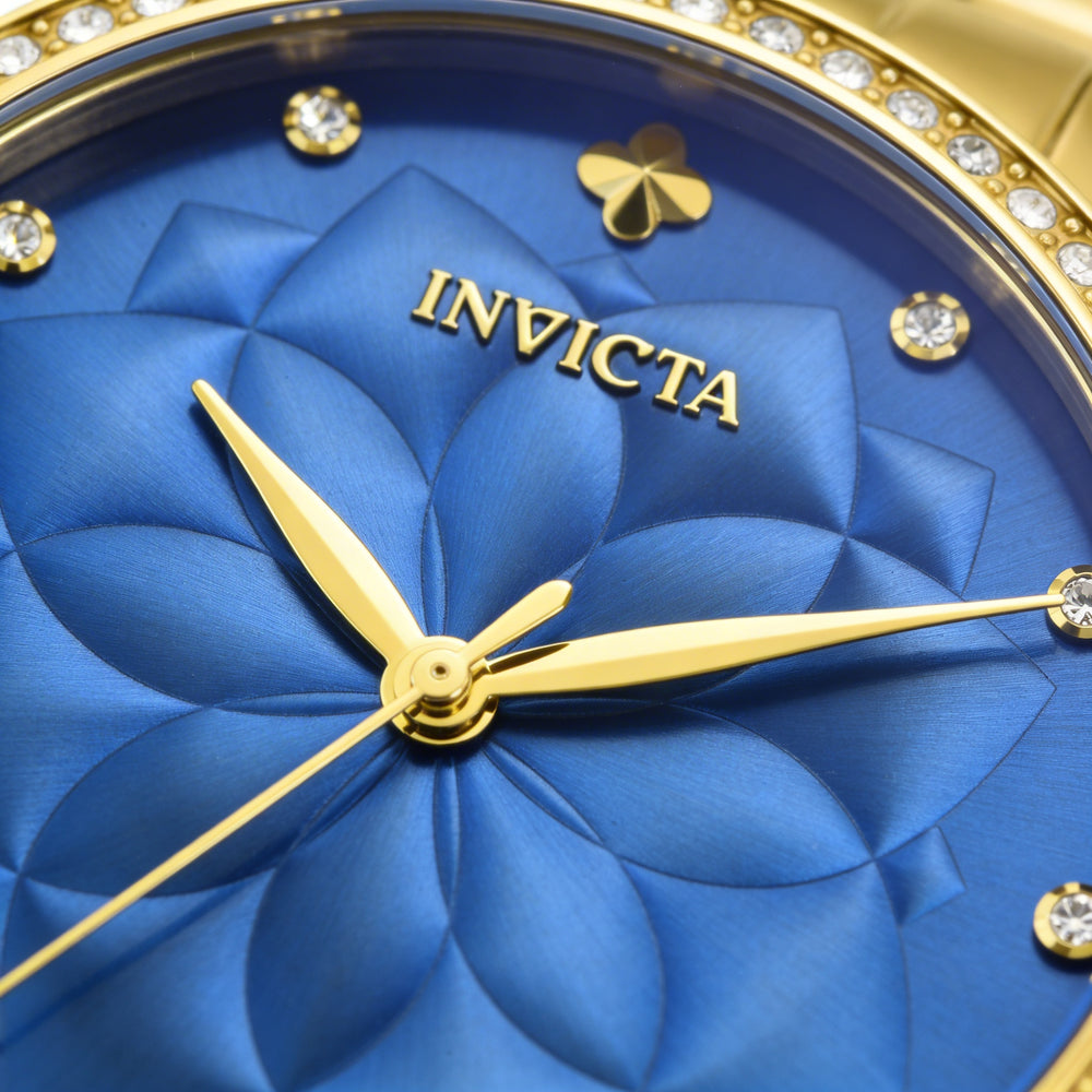 Invicta Wildflower Unisex Gold Tone Stainless Steel Crystal Blue Dial Quartz Watch 35mm 10 ATM