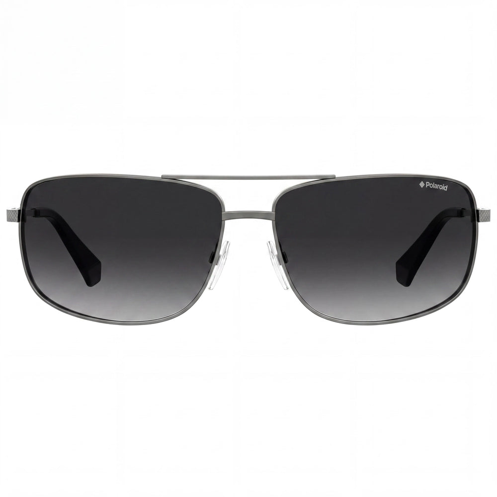 Polaroid Men's Rectangular Polarized UV Stainless Steel Sunglasses, Semi Matte Ruthenium Frame, Gray Lens, 63-14-130mm