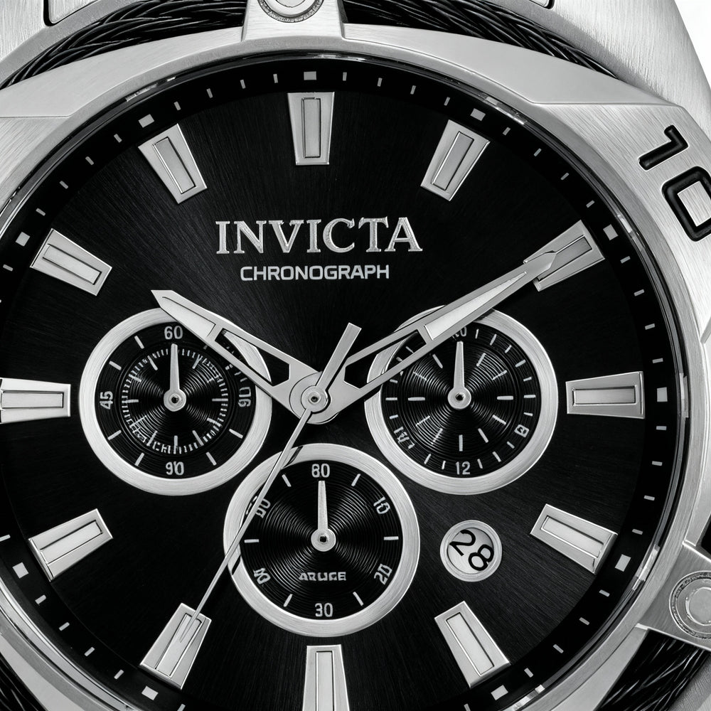 Reloj Invicta para hombre, cronógrafo de cuarzo, acero inoxidable, tono plateado, esfera negra, cristal Flame Fusion, resistente al agua hasta 100 m, 50 mm