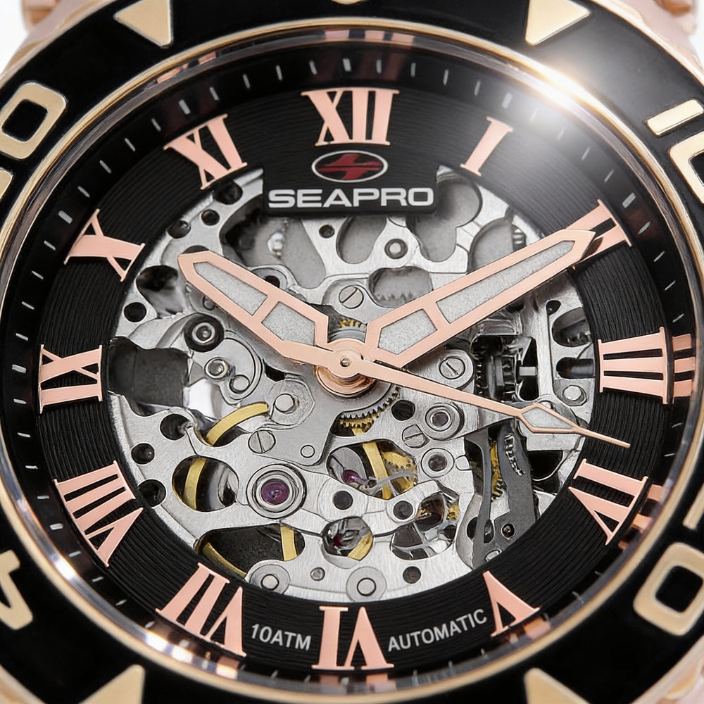 Seapro Modern Men's Black Dial Stainless Steel Automatic Water Resistant Watch with Rubber Strap