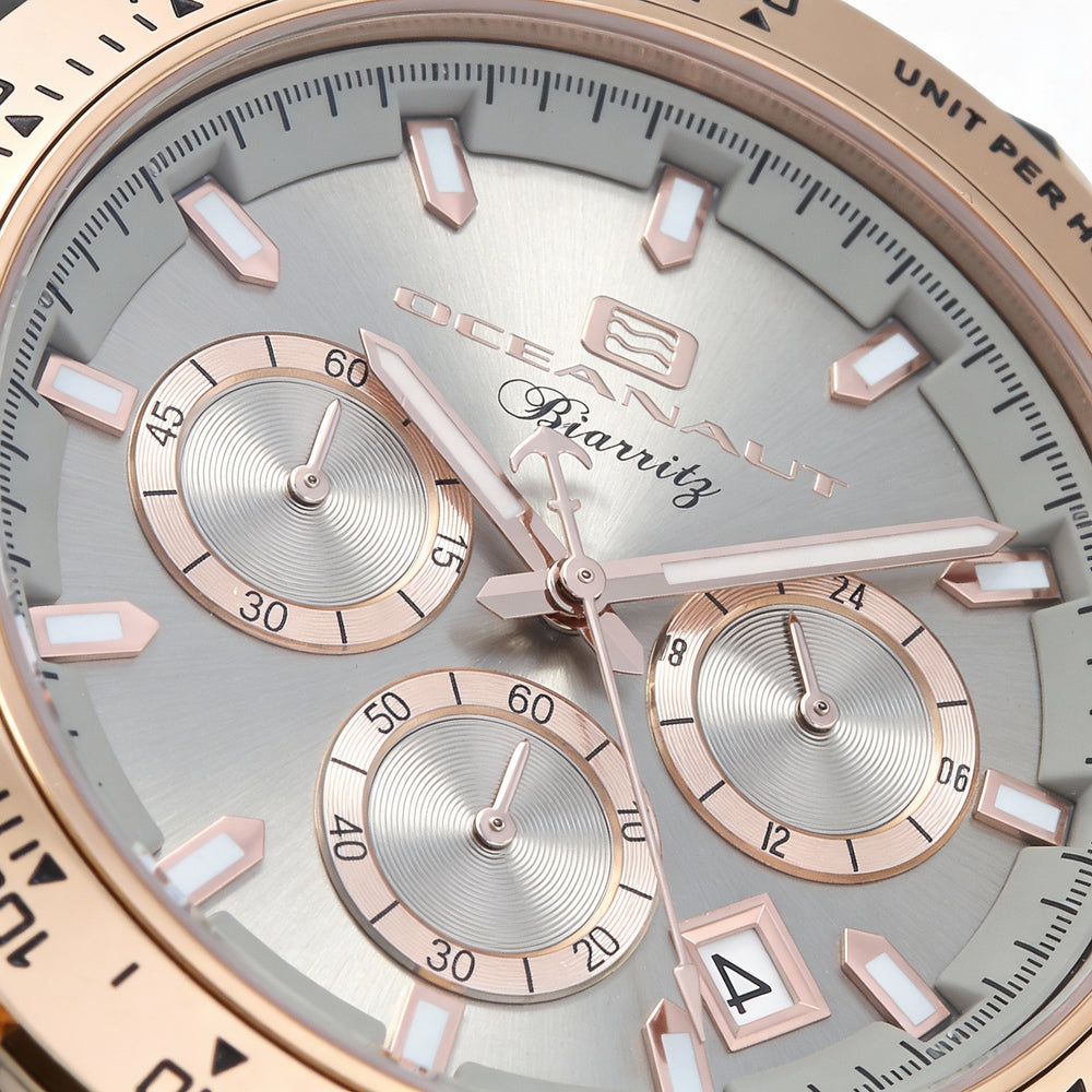 Reloj Oceanaut Biarritz para hombre, cronógrafo, esfera plateada, caja de acero inoxidable, correa de caucho, resistente al agua, 44 mm