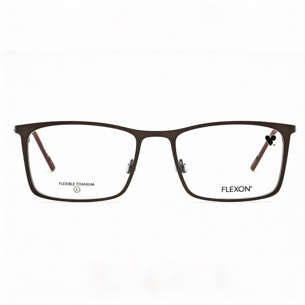 Monturas de gafas Flexon Optical para hombre, aptas para prescripción médica, con lentes transparentes de demostración, color sepia metalizado mate.