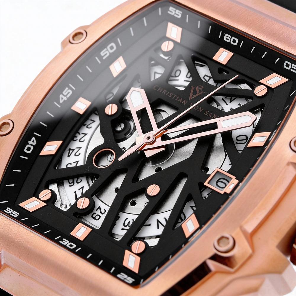 Christian Van Sant Men's Automatic Watch, Black Dial, Stainless Steel Case, Rubber Strap, Scratch Resistant, Water Resistant