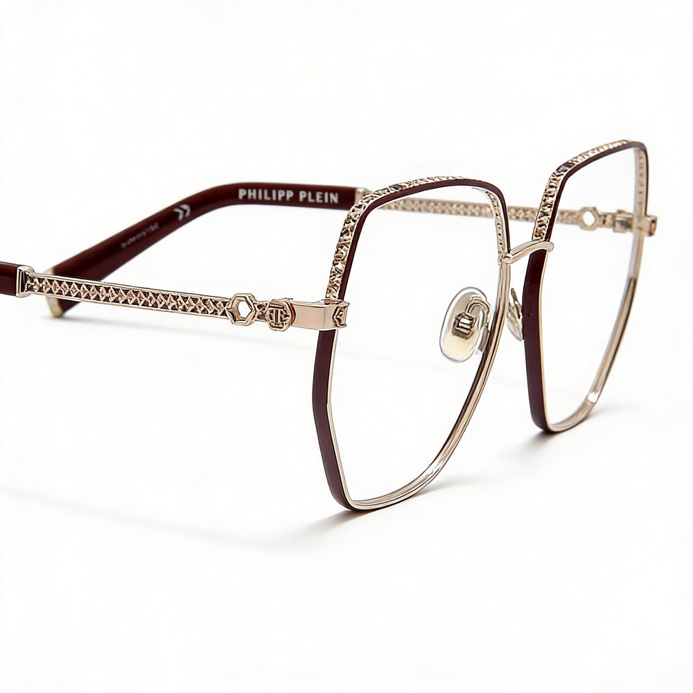 Gafas de vista Philipp Plein Vpp054s para mujer en oro rosa con detalles burdeos brillantes, lentes de cristal de 57 mm