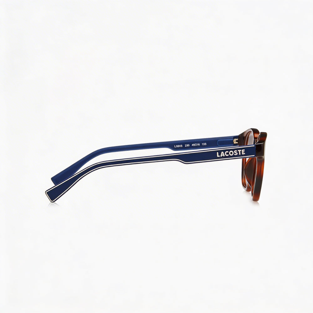 Gafas ópticas unisex modernas Lacoste con montura de plástico color Habana y lentes de 49 mm de ancho.