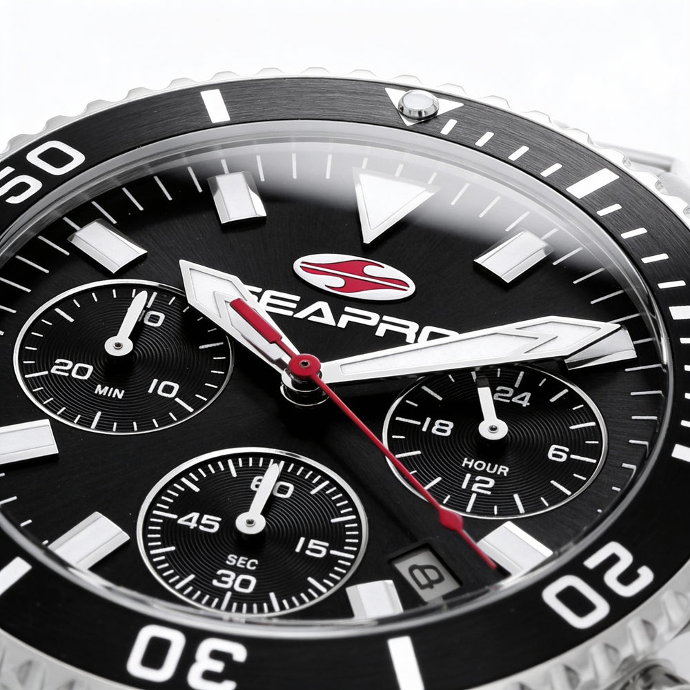 Reloj Seapro para hombre con movimiento de cuarzo, esfera negra, caja de acero inoxidable, brazalete de acero inoxidable, resistente al agua.