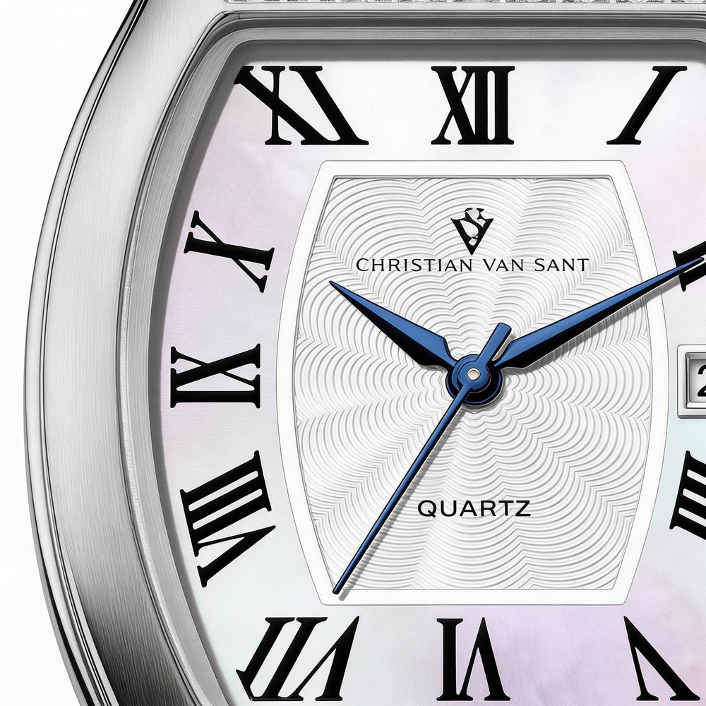 Reloj Christian Van Sant para mujer, de cuarzo, resistente al agua, con correa de piel y acero inoxidable, esfera blanca