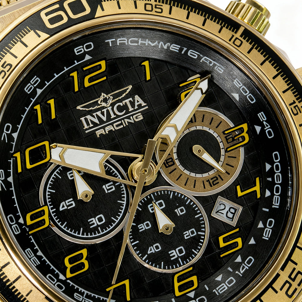 Reloj unisex Invicta Racing 47903 de cuarzo con cronógrafo en tono dorado y esfera negra con pulsera de acero inoxidable de 50 mm.
