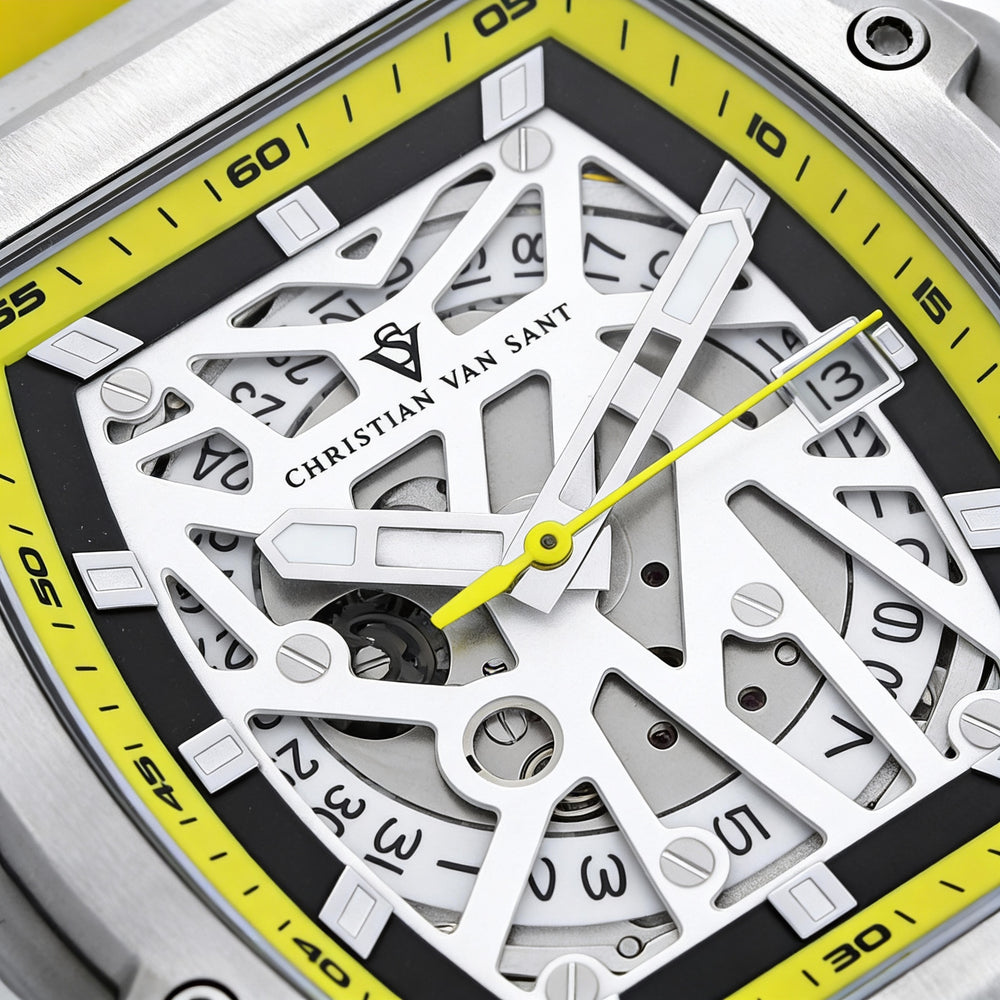 Reloj automático Christian Van Sant para hombre, caja de acero inoxidable amarillo, esfera blanca, correa de caucho, resistente al agua.
