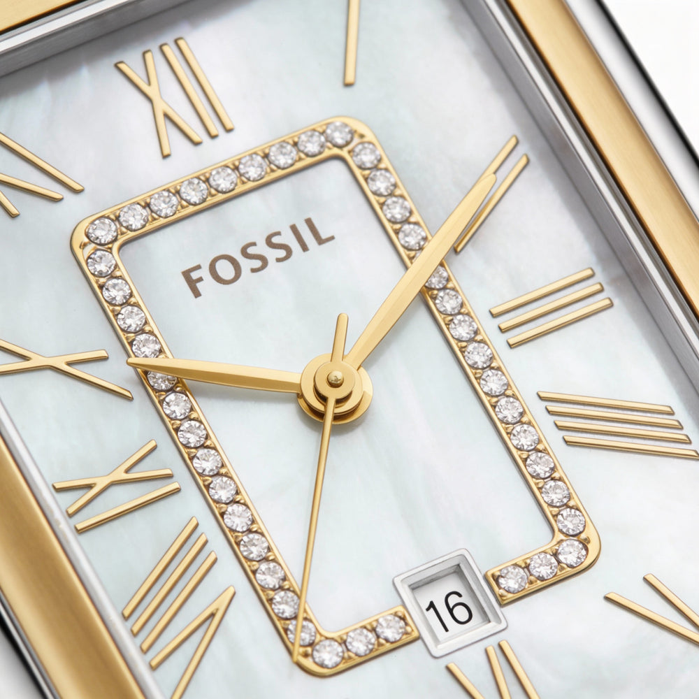 Reloj Fossil Raquel ES5305 de acero inoxidable bicolor con tres manecillas y fecha para mujer, esfera de nácar, resistente a arañazos, 26 mm