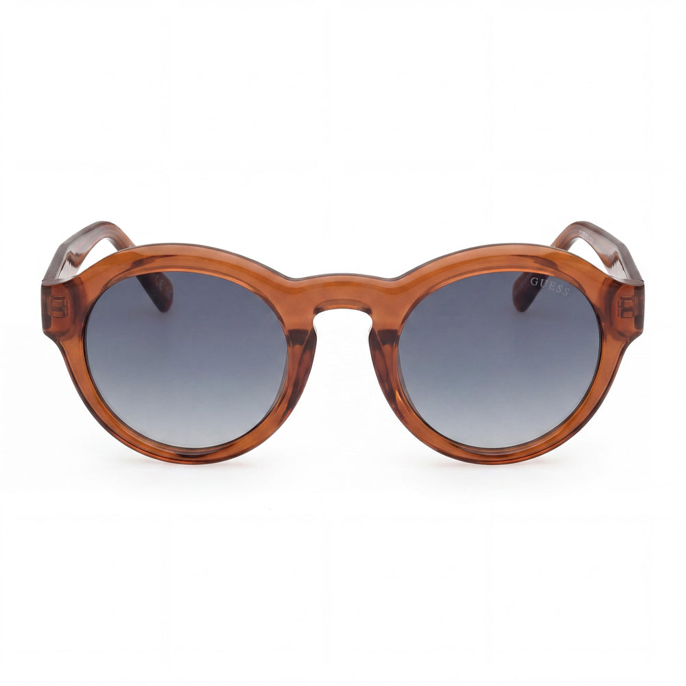 GUESS Gafas de sol casuales unisex de plástico marrón oscuro brillante con montura, lentes degradadas azules con protección UV, no polarizadas, 49 mm