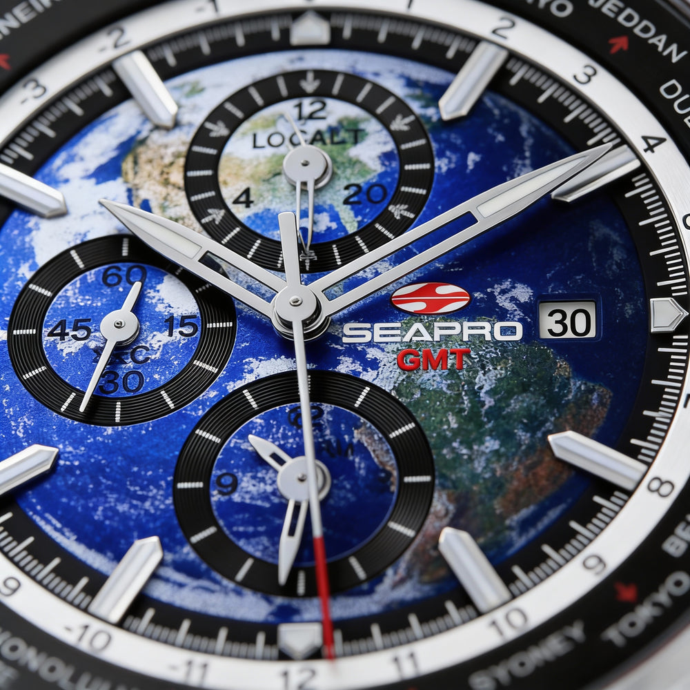 Reloj de cuarzo Seapro para hombre con temporizador mundial, GMT y despertador - Acero inoxidable negro