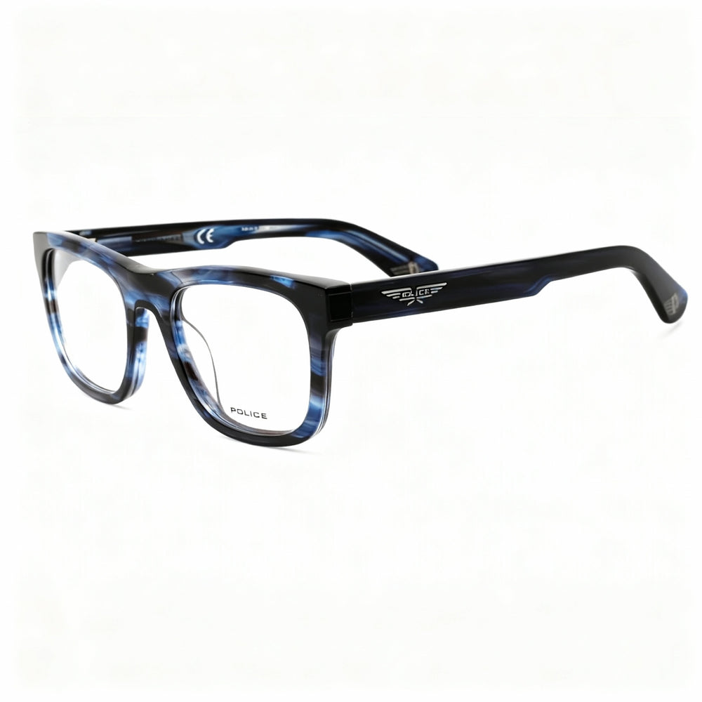 Gafas POLICE VPLE37 para hombre, montura de plástico, estilo casual, azul brillante con vetas, lentes transparentes no polarizadas, 52 mm