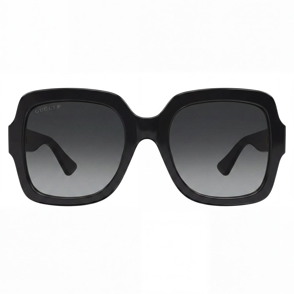Gucci GG1337S 002 Women's Black Gold-Logo Full Rim Square Plastic Sunglasses with Grey Gradient Lenses 54mm UV Protection