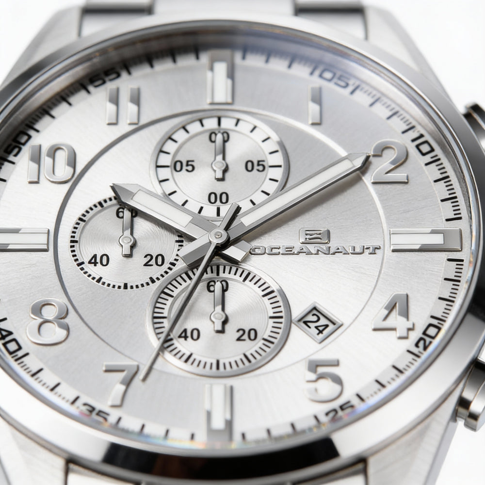 Oceanaut Men’s bracelet Chronograph Quartz Stainless Steel Watch, Silver Dial, 100m Water Resistant