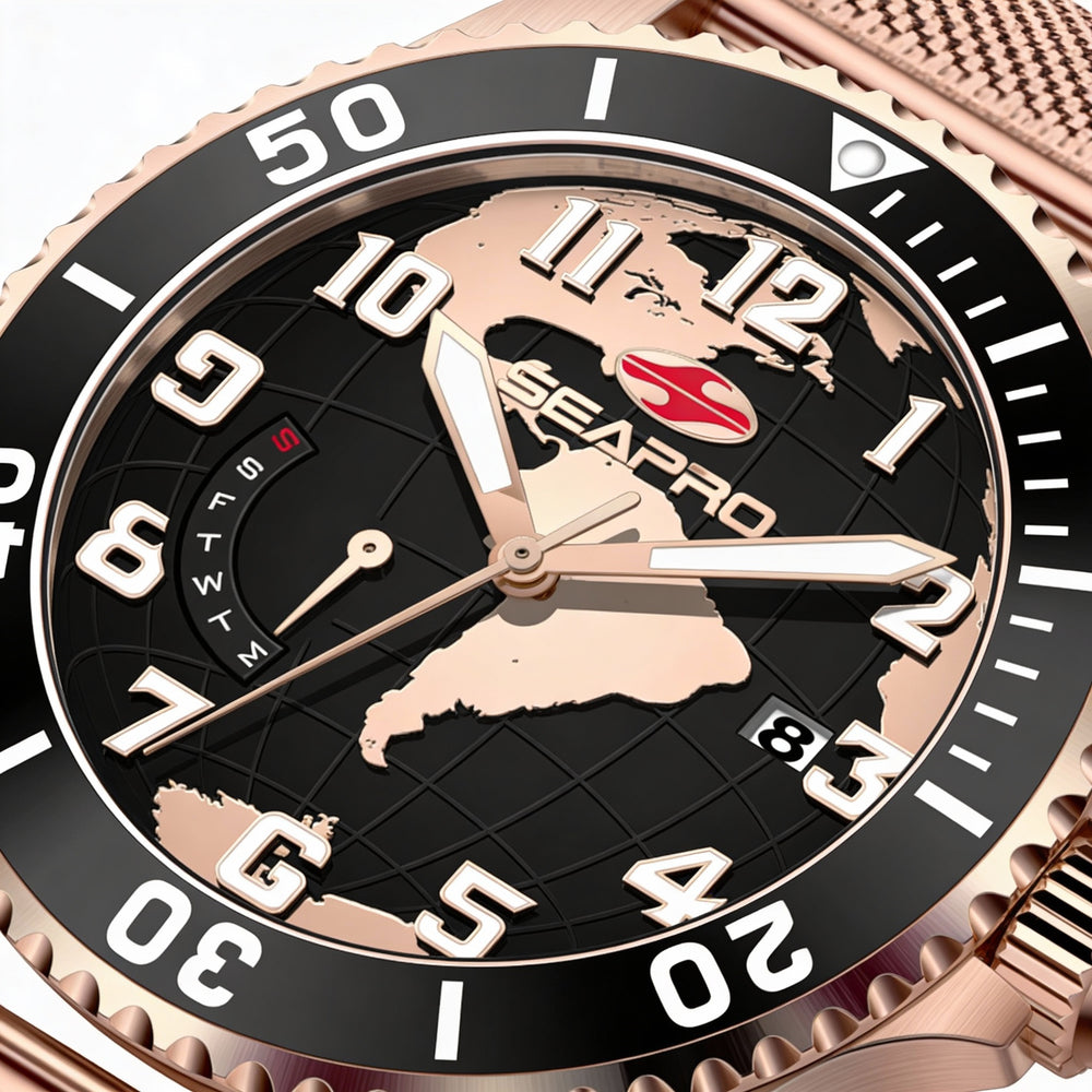 Seapro Men's Black Stainless Steel Quartz Watch, Water-Resistant, Scratch-Resistant Mineral Crystal