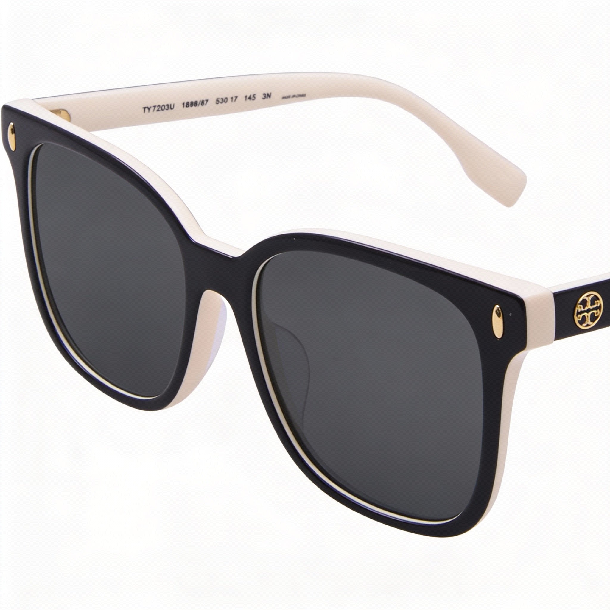 Tory Burch Classic TY7203U Women's Plastic Frame Sunglasses with UV Protection in Black, Ivory & Dark Grey, Gray Lenses, 53mm, Photo 2