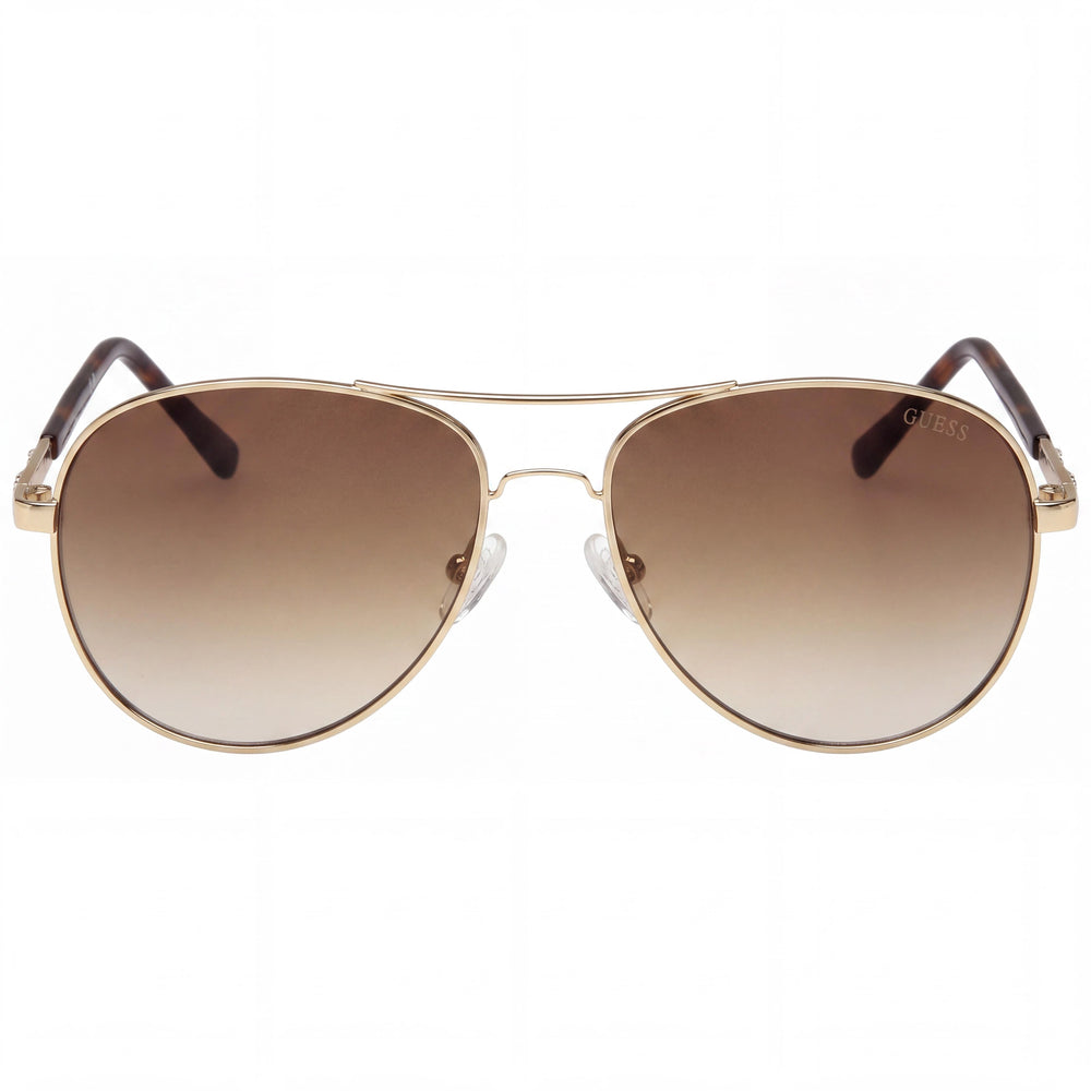 GUESS GF0295 Gafas de sol aviador para mujer, montura de metal dorado, lentes degradadas marrones sin polarizar con protección UV, 60mm