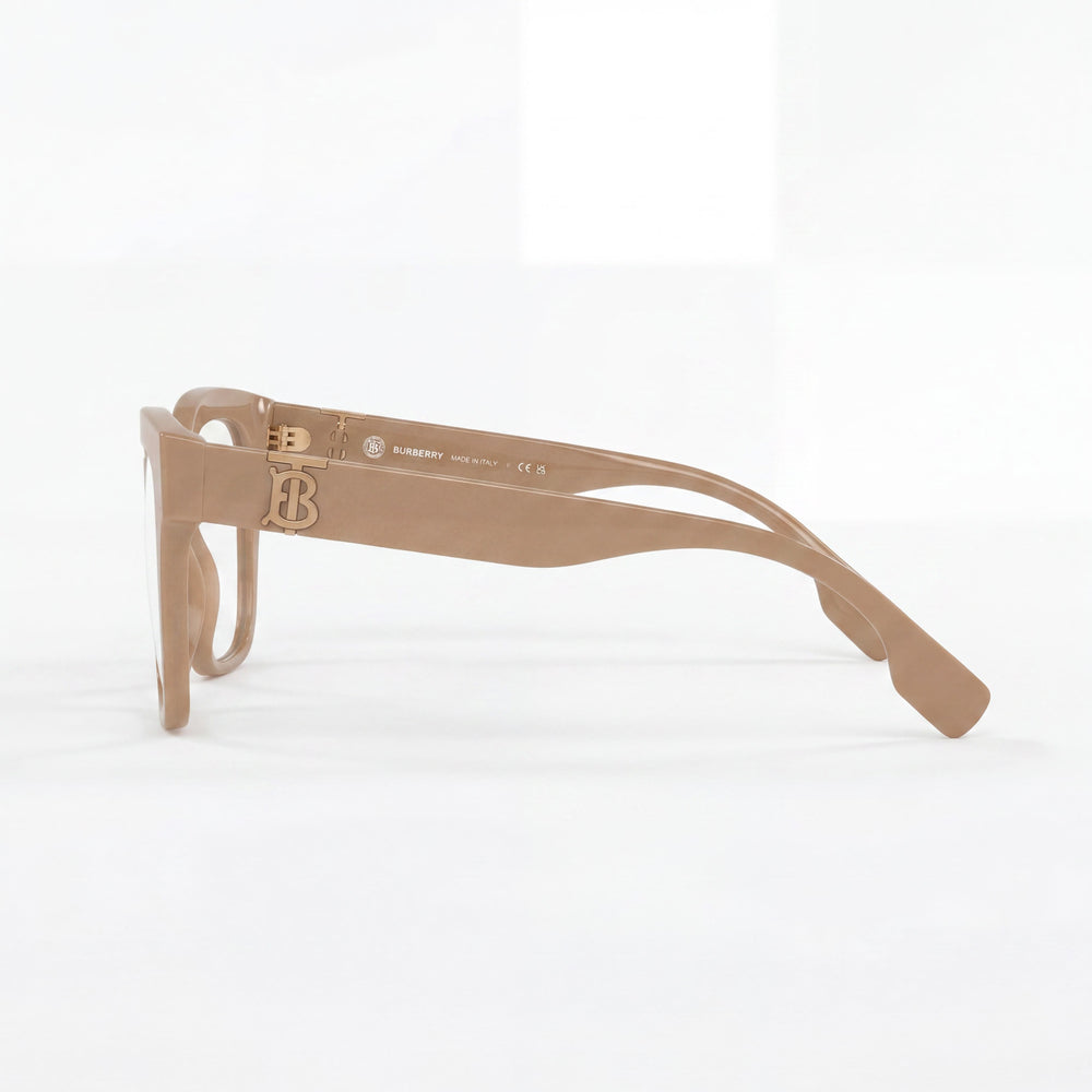 Montura óptica beige Burberry para mujer, lista para lentes graduadas personalizadas, con lentes de demostración transparentes