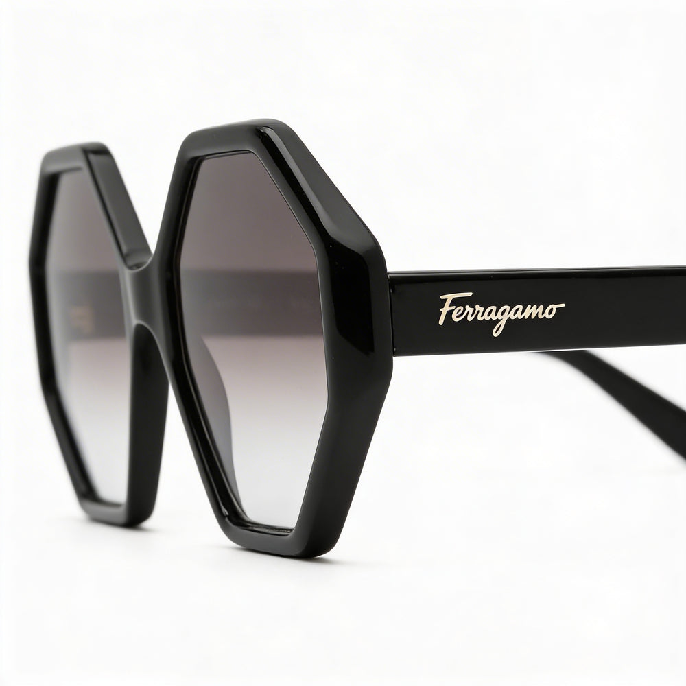 Gafas de sol Salvatore Ferragamo SF1070S para mujer, de acetato negro, con montura hexagonal en gris degradado y protección UV 100 %, 55 mm