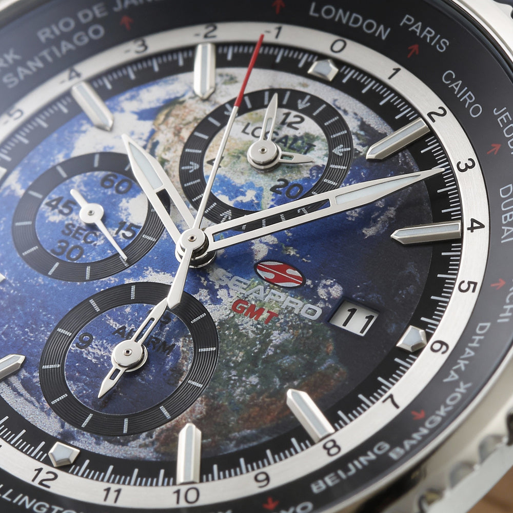 Reloj de cuarzo Seapro Meridian World Timer GMT, esfera azul, caja de acero inoxidable, correa de piel, para hombre
