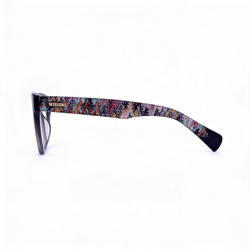 Gafas Missoni Modern para mujer con montura de acetato gris, lentes de 50 mm de ancho, puente de 19 mm y patillas de 140 mm.
