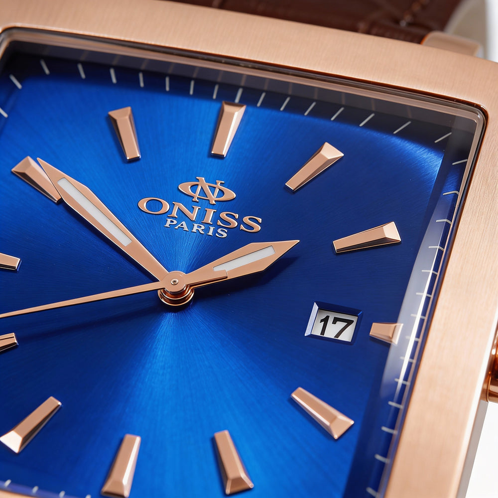 Oniss Modern Men's Watch Featuring Blue Dial, Stainless Steel Case, Leather Strap, Quartz Movement, and Scratch Resistant Mineral Crystal