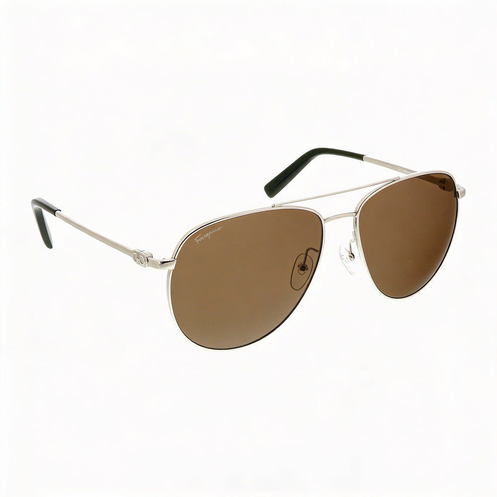 Gafas de sol unisex Salvatore Ferragamo estilo aviador con montura de metal plateado y lentes marrones con protección UV 60-15-140