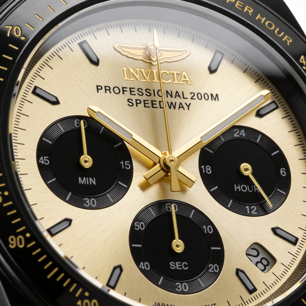 Invicta Speedway 36738 Unisex Chronograph Quartz Black Stainless Steel Gold Dial 39mm Water Resistant