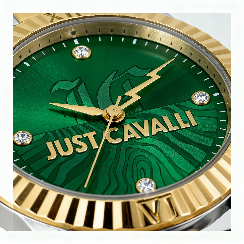Reloj de cuarzo Just Cavalli Fashion para mujer, de acero inoxidable, plateado y dorado, con esfera verde botella, 26 mm