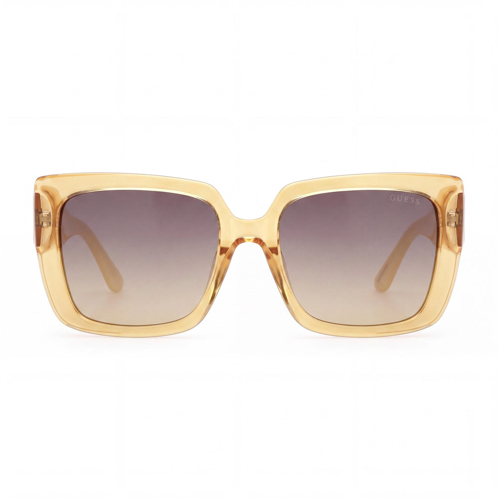 GUESS Gafas de sol contemporáneas para mujer con montura de plástico brillante amarillo claro, protección UV y degradado ahumado de 53 mm