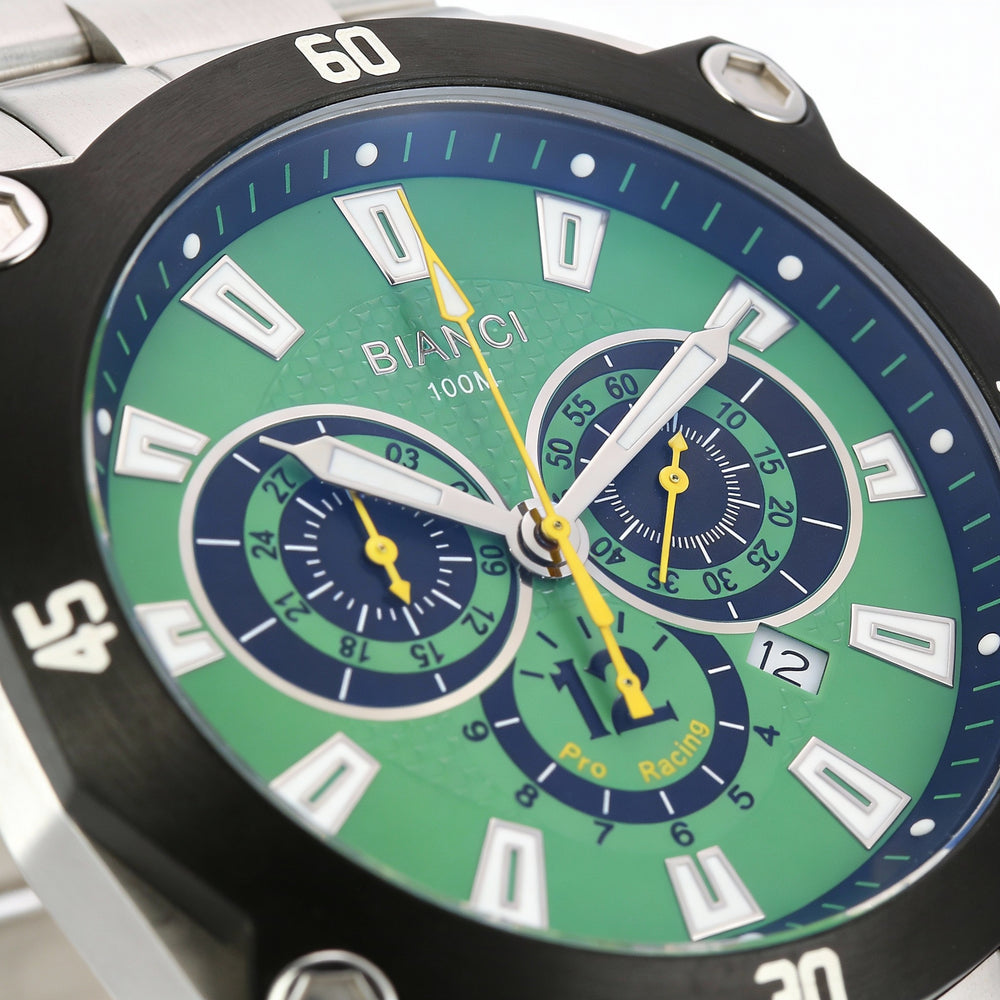 Roberto Bianci Men's casual Chronograph Quartz Watch, Silver Stainless Steel, Green Dial, Water Resistant 100m