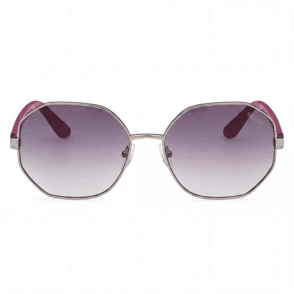 Gafas de sol modernas GUESS para mujer con montura metálica Nickeltin clara y lentes de humo degradadas con 100% de protección UV, ancho de lente 58 mm