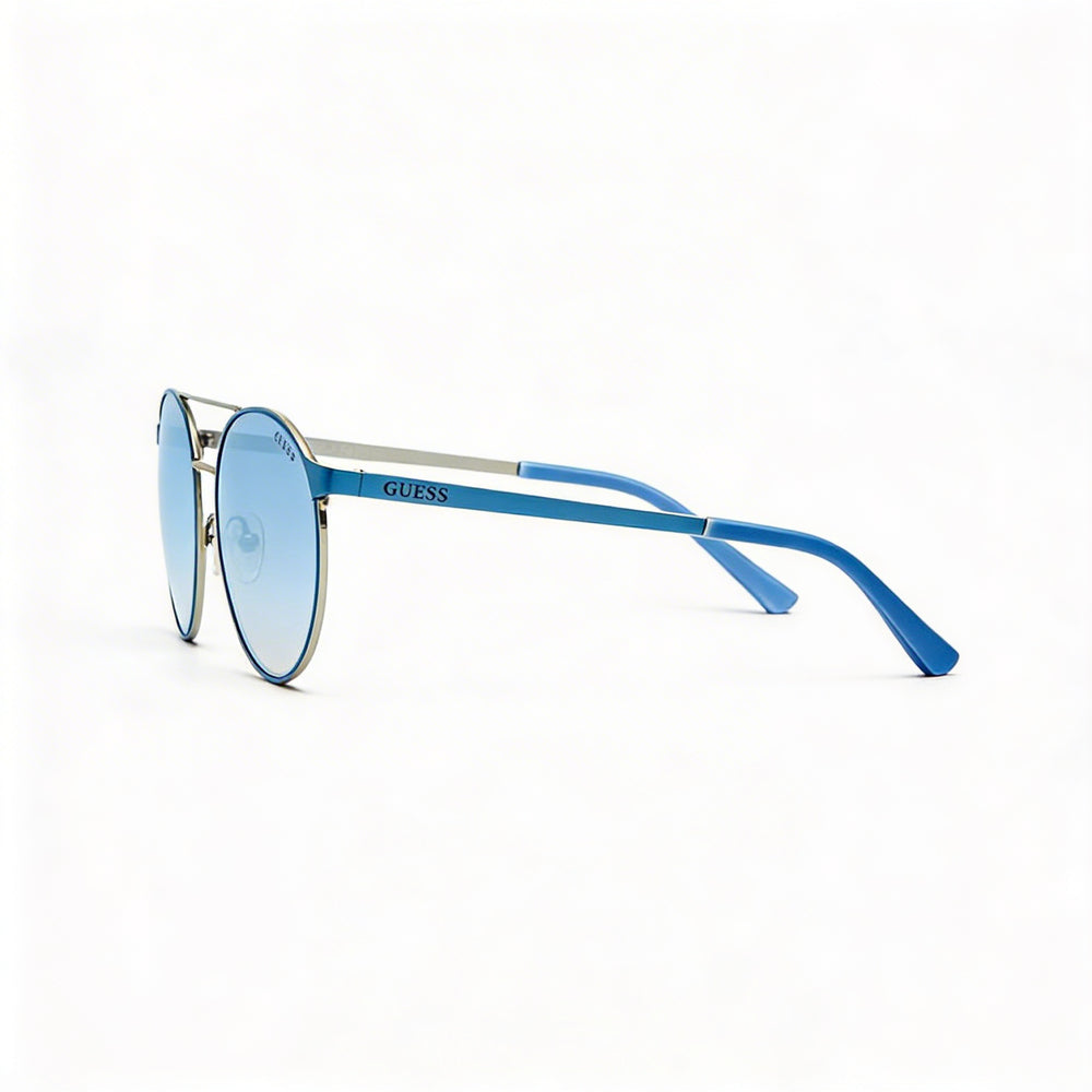 Guess Gu3023 Women's Anti-Reflective Rounded Metal Light Blue & Blue Mirror Frame Sunglasses with Blue Mirror Lenses 52mm