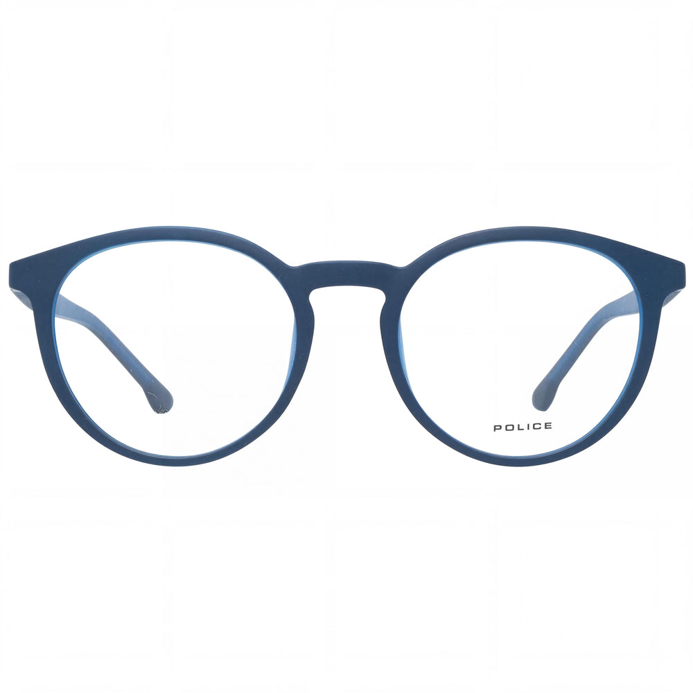 Gafas unisex modernas Police con montura de acetato azul y metal, lentes de policarbonato transparente, tamaño 52 mm.