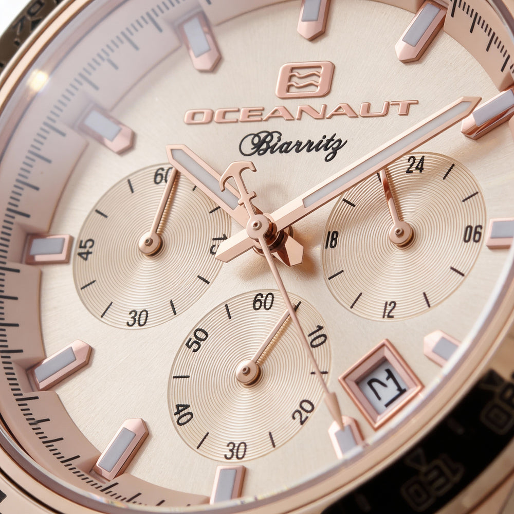 Reloj Oceanaut de cuarzo para hombre, acero inoxidable en oro rosa, esfera amarilla, resistente al agua