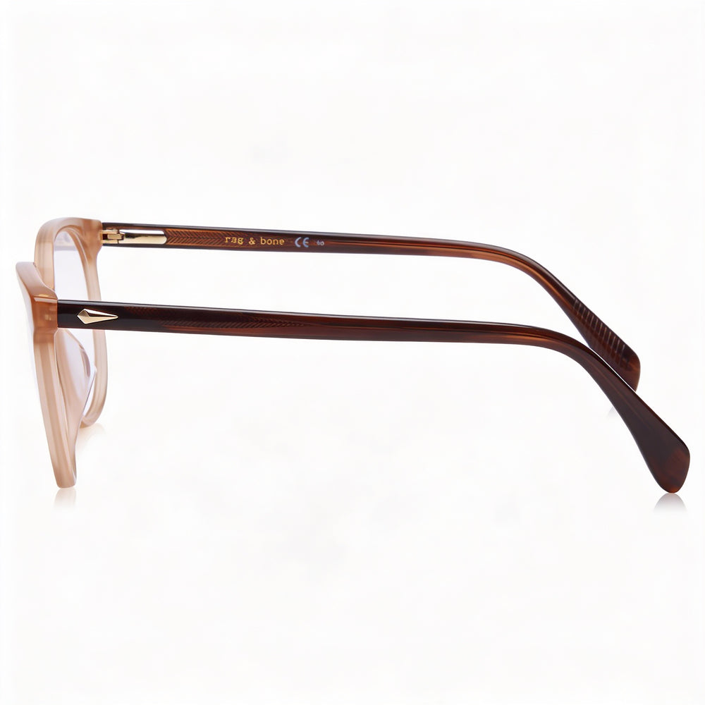 Gafas modernas para mujer Rag & Bone con montura de acetato marrón y lentes de policarbonato de 52 mm de ancho.