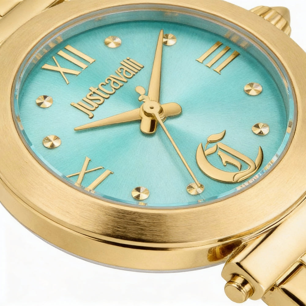 Just Cavalli Fashion Women's Yellow Gold Stainless Steel Watch, Turquoise Dial, Water Resistant, 30mm