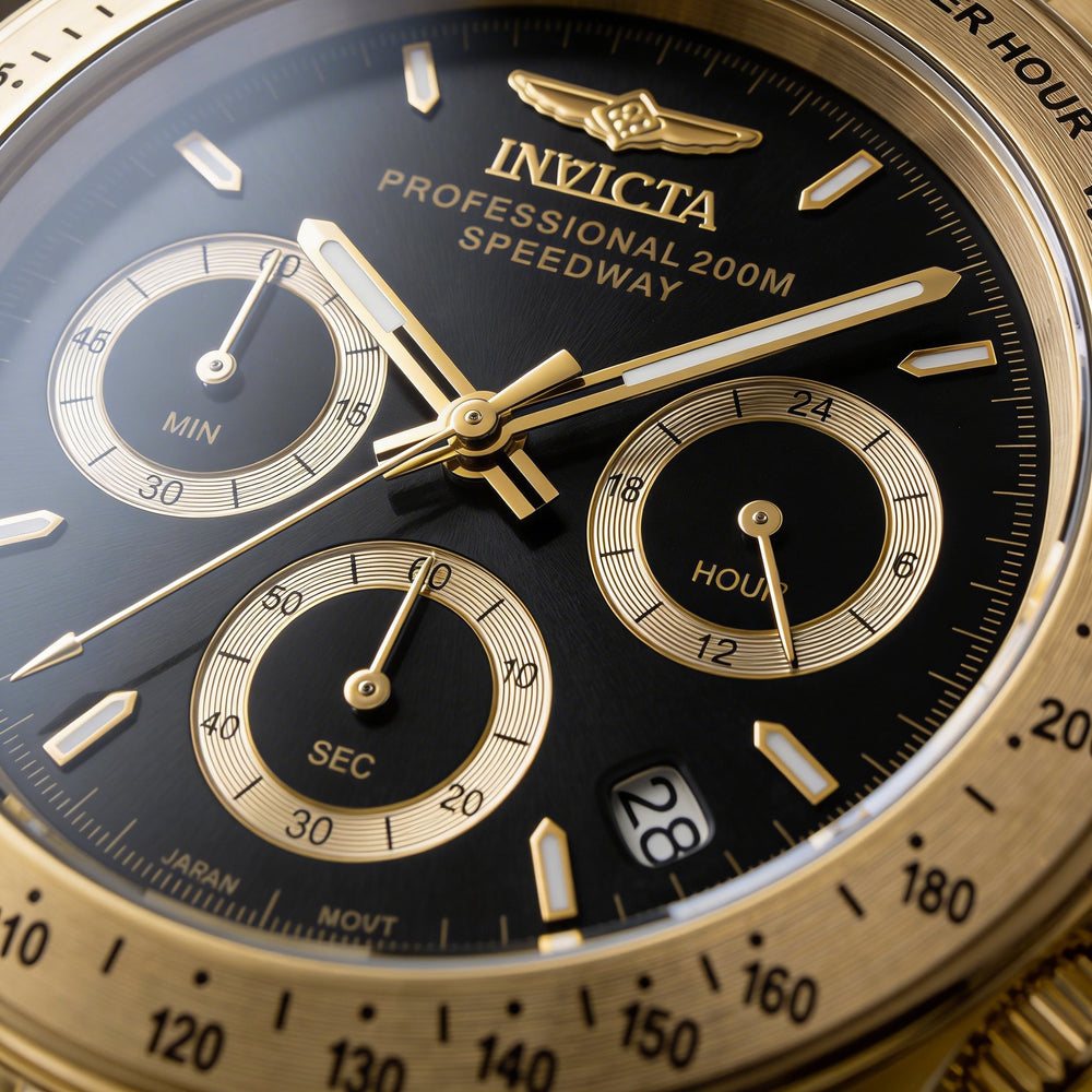 Reloj cronógrafo de cuarzo Invicta Speedway 31001 unisex de acero inoxidable en tono dorado con esfera negra de 39 mm