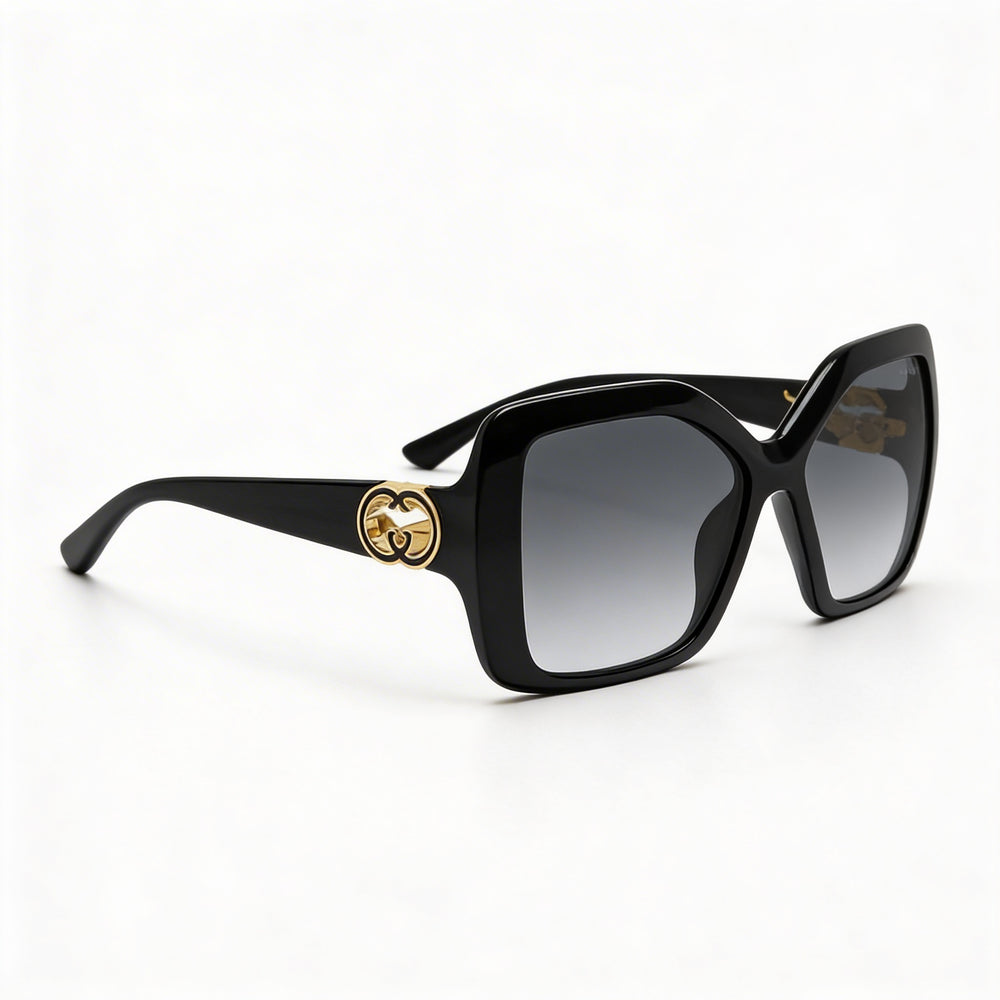 Gafas de sol unisex modernas Gucci con montura negra y lentes negras, puente de 18 mm, patilla de 145 mm