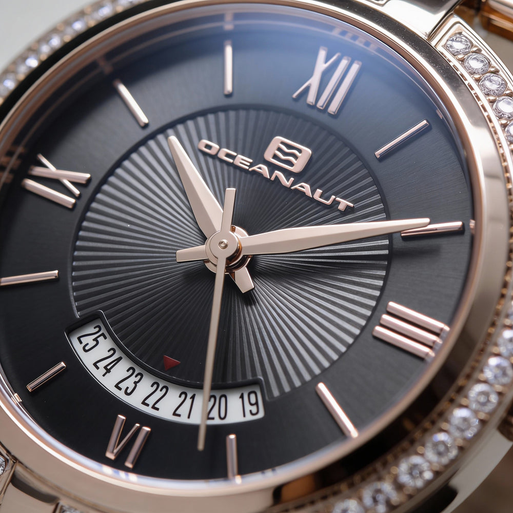 Reloj Oceanaut para mujer con esfera negra, caja y pulsera de acero inoxidable, resistente al agua hasta 30 m, con minerales y resistente a arañazos.